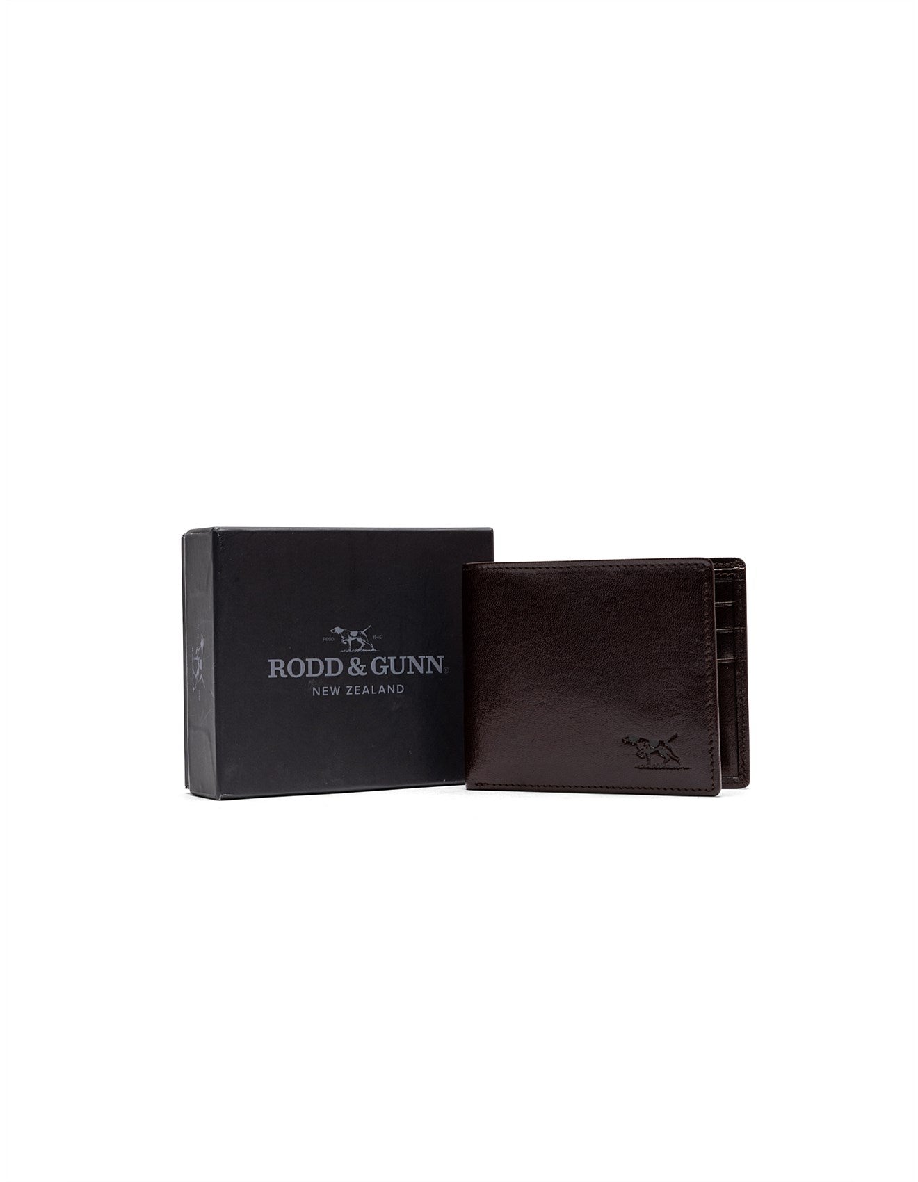 Rodd & Gunn - Wakefield Bi-Fold Wallet - Chocolate presented in an elegant box with brand logo.