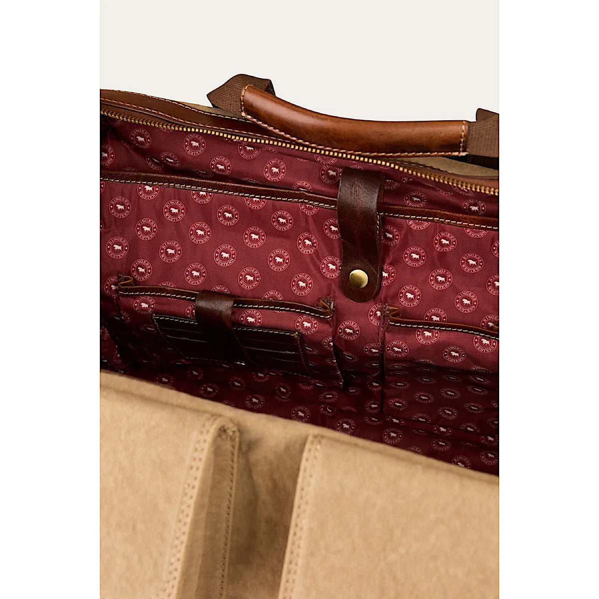 Ringers Western - Waxicanvas Duffle Bag - Sand interior view showing pockets and genuine leather accents