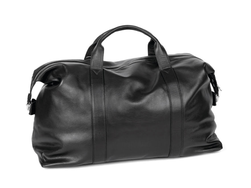 Oran Leather - Weekender Bag- Black featuring soft leather, double handles, and adjustable shoulder strap