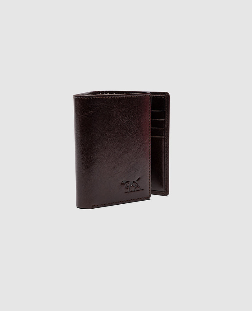 Rodd & Gunn - Westport Tri-Fold Wallet - Chocolate displayed with RFID protection and card slots.