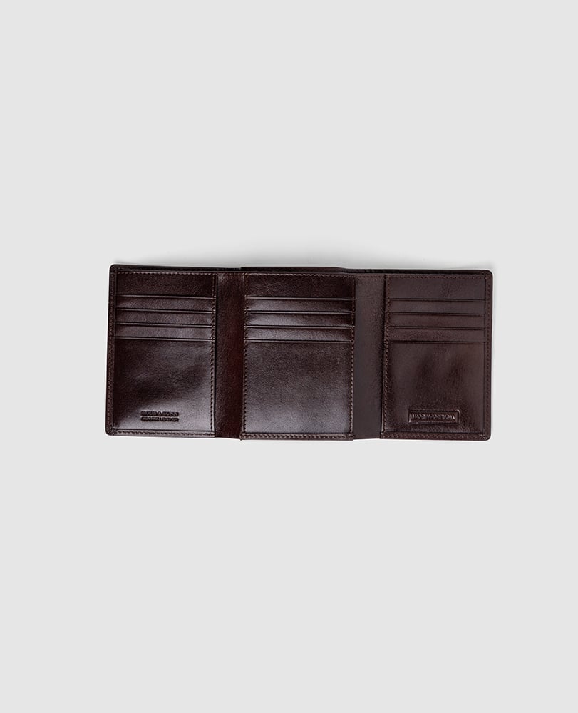 Rodd & Gunn - Westport Tri-Fold Wallet - Chocolate interior view showcasing card slots and pockets.