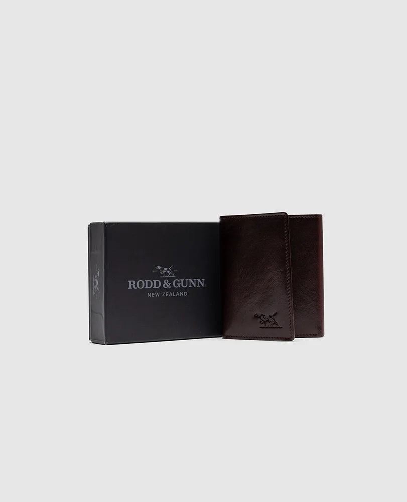 Rodd & Gunn - Westport Tri-Fold Wallet - Chocolate with box, showcasing Italian leather craftsmanship.
