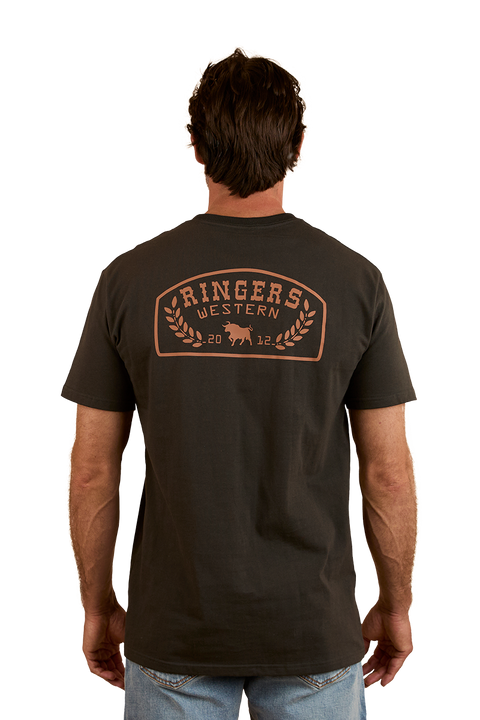 Ringers Western - Wheatbelt Stock Fit T-Shirt- Charcoal/Copper back view showcasing Ringers graphic design.