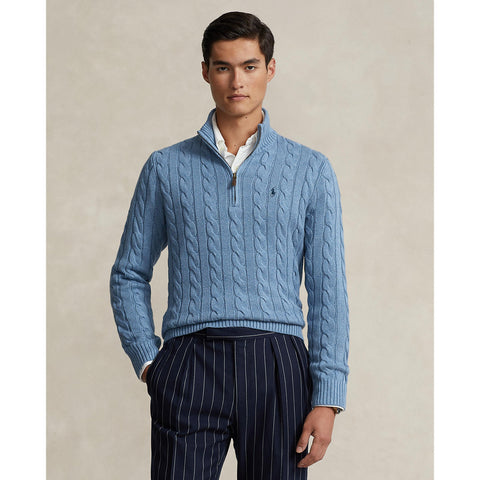 Polo Ralph Lauren - Cable Knit Quarter Zip Cotton Sweater - Sky Blue Heather