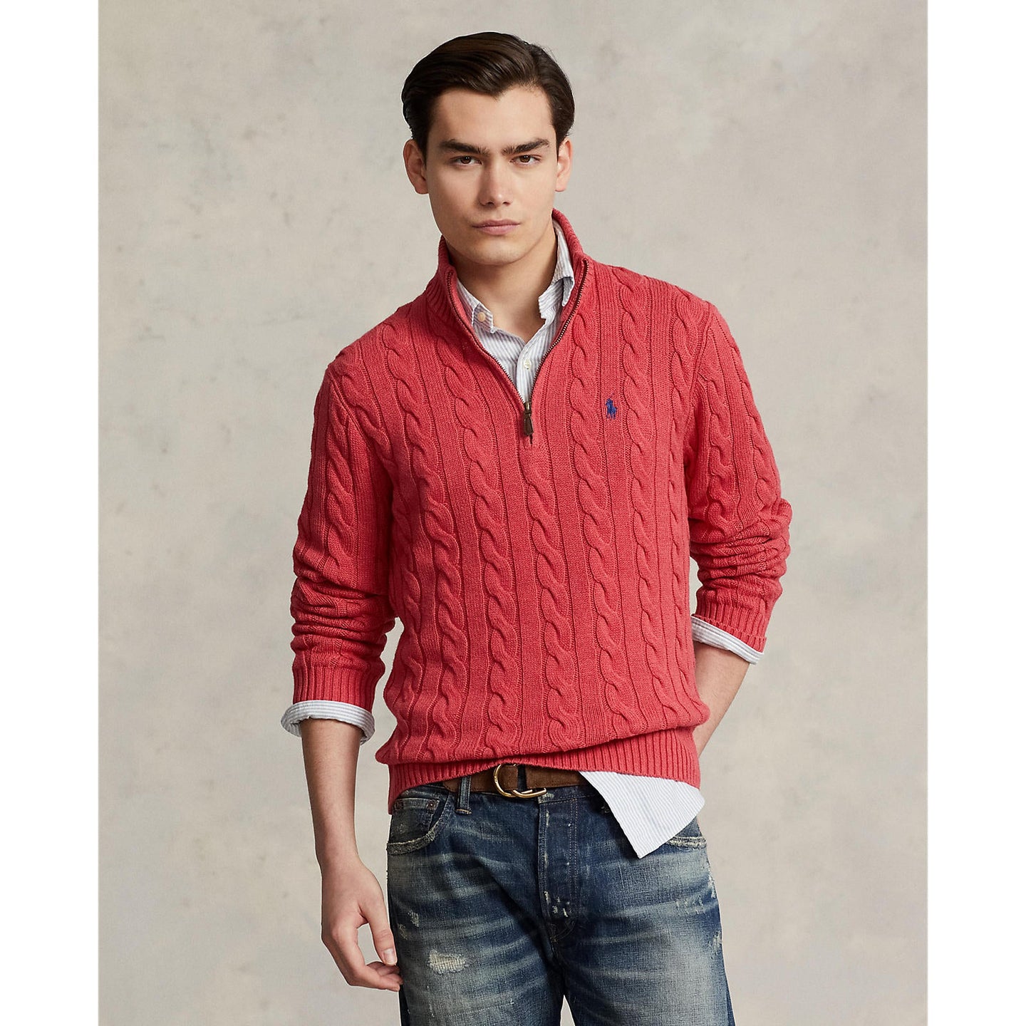 Polo Ralph Lauren - Cable Knit Quarter Zip Cotton Sweater - Flush Red Heather