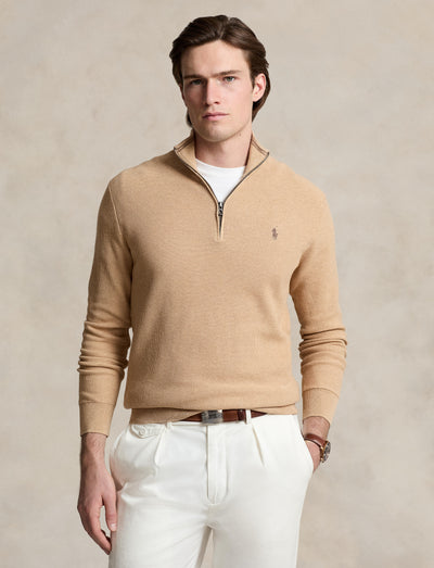 Polo Ralph Lauren - Mesh-Knit Cotton Quarter-Zip Sweater - Camel Melange