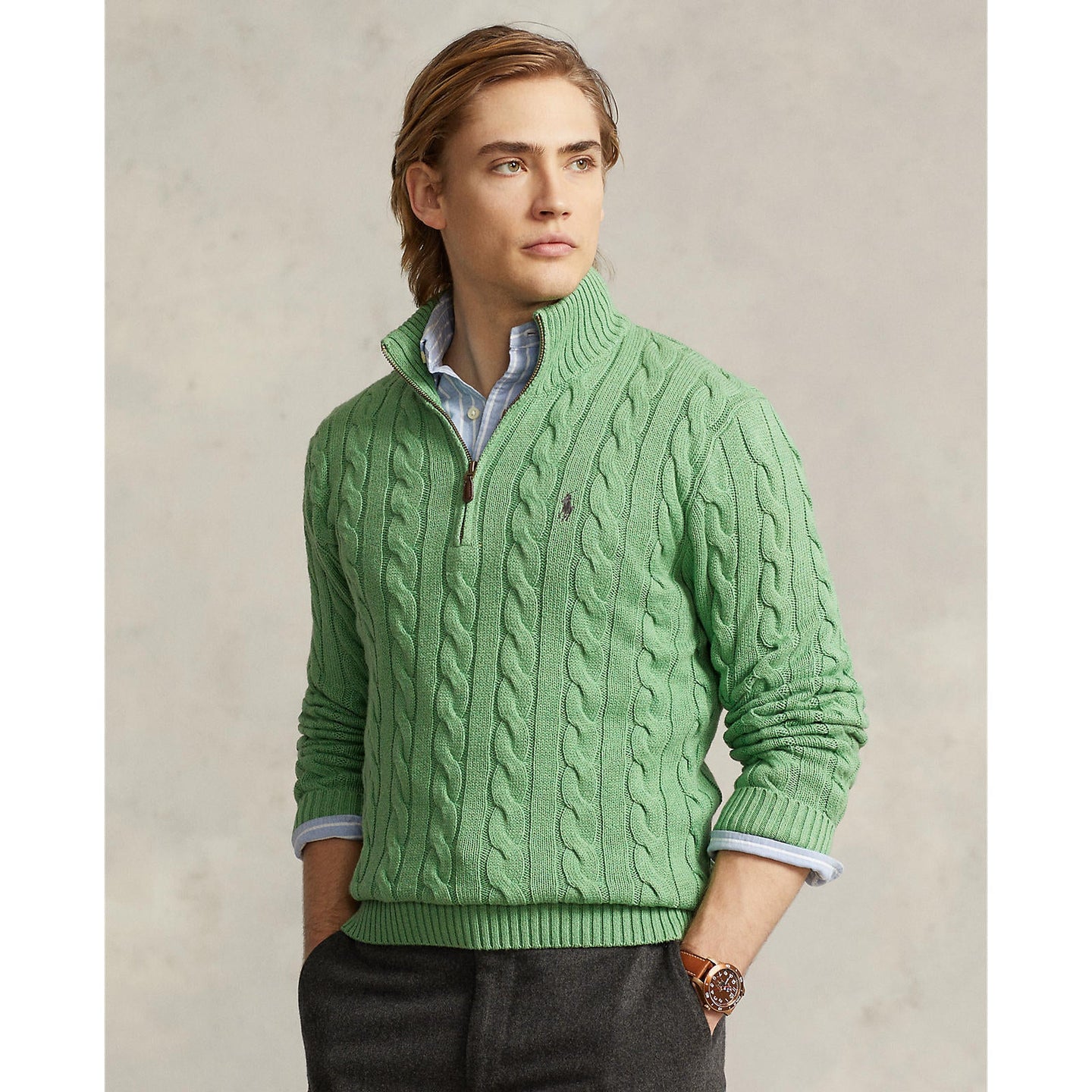 Polo Ralph Lauren - Cable Knit  Quarter Zip Cotton Sweater - Green Heather