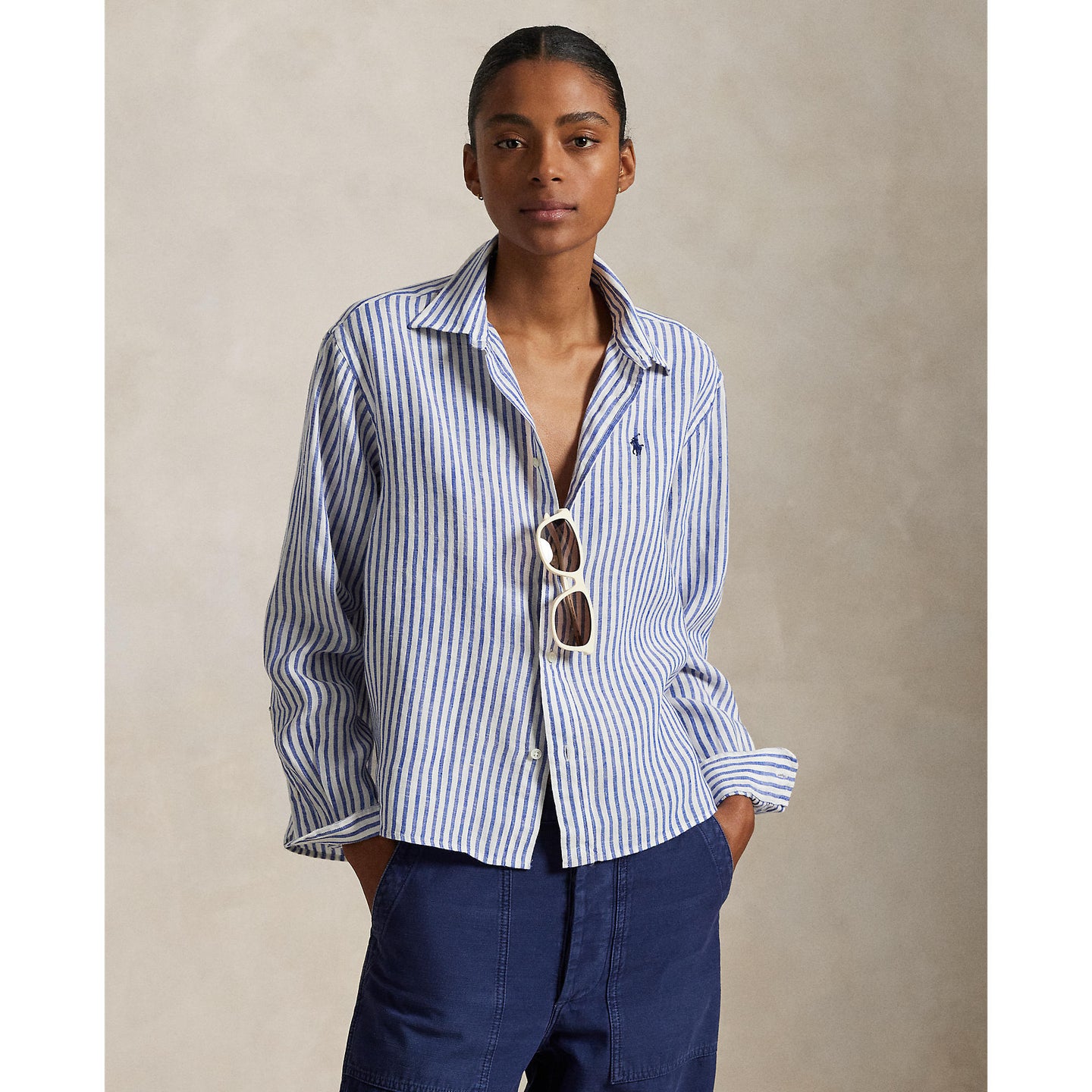 Polo Ralph Lauren - Wide Cropped Linen Shirt - Stripe - White & Blue