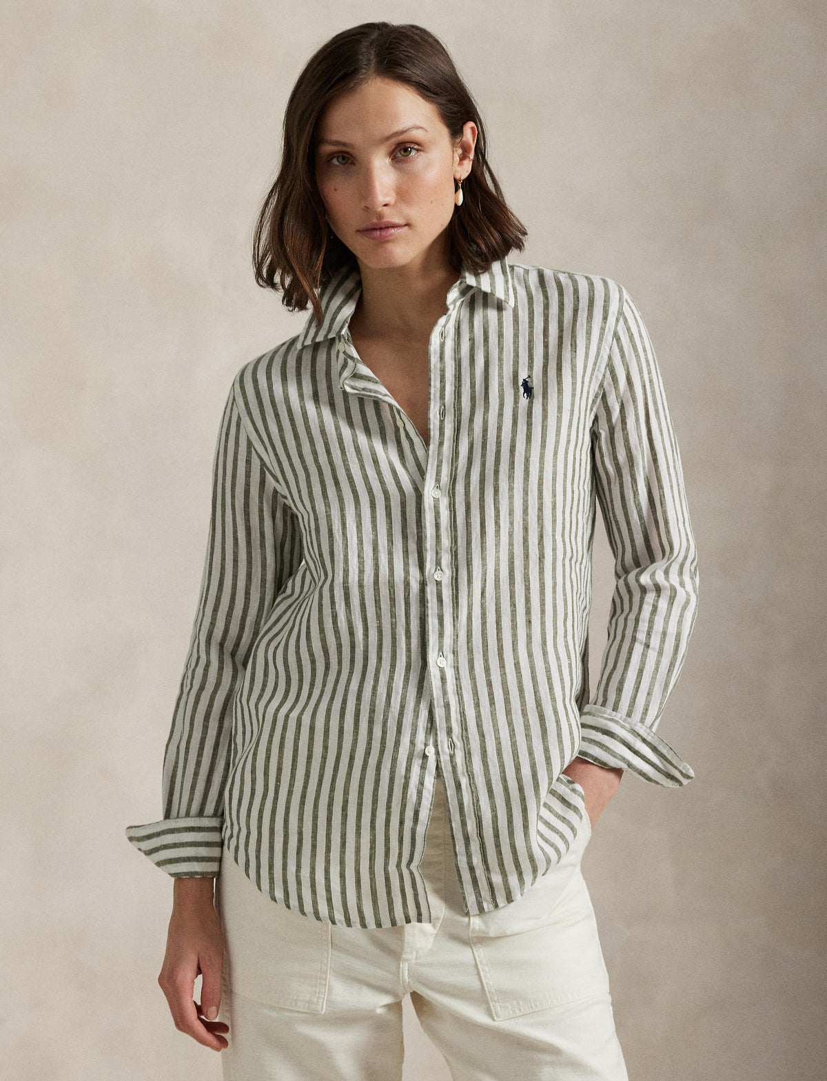 Polo Ralph Lauren - Classic Fit Linen Shirt - Stripe - Dark Sage & White