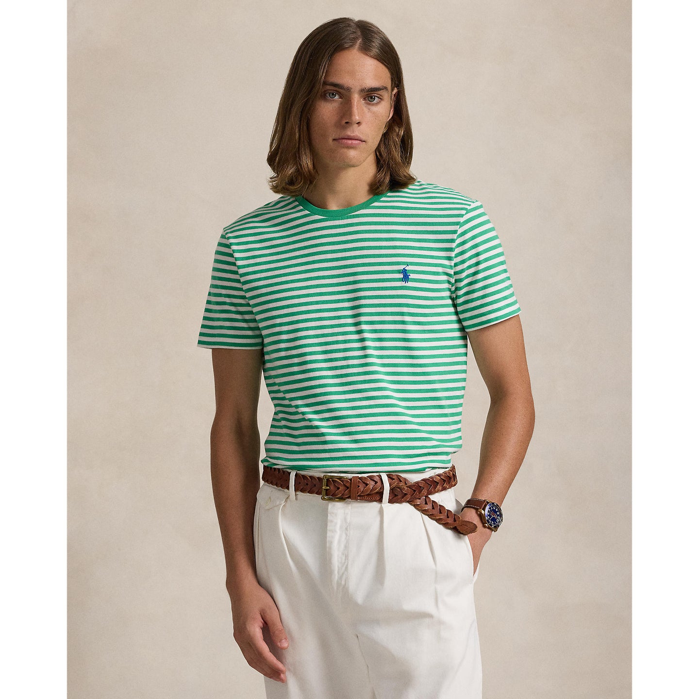 Polo Ralph Lauren - Custom Fit Jersey Crewneck T-Shirt - Stripe - Emerald & White