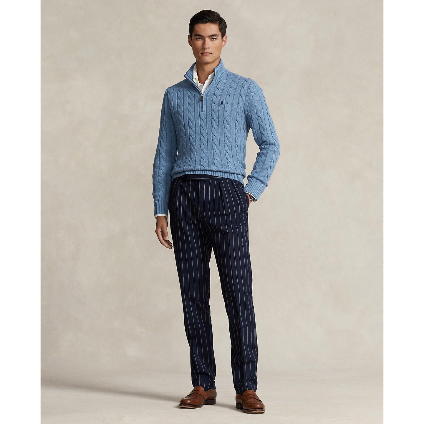 Polo Ralph Lauren - Cable Knit Quarter Zip Cotton Sweater - Sky Blue Heather