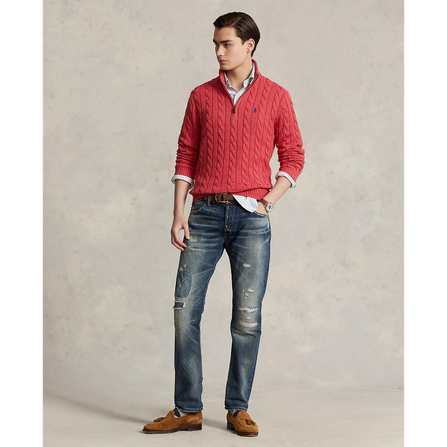 Polo Ralph Lauren - Cable Knit Quarter Zip Cotton Sweater - Flush Red Heather