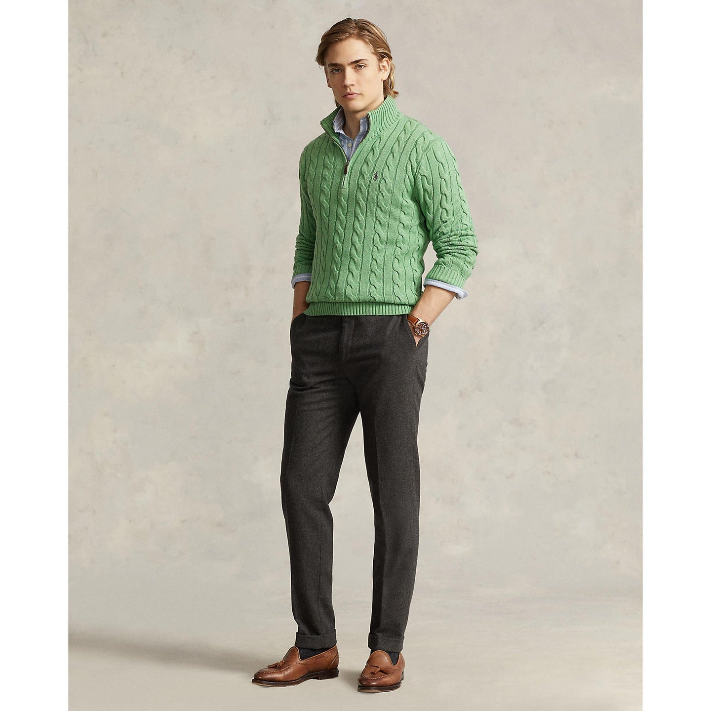 Polo Ralph Lauren - Cable Knit  Quarter Zip Cotton Sweater - Green Heather