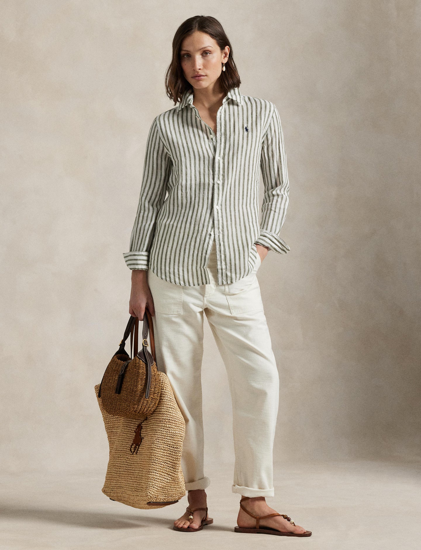 Polo Ralph Lauren - Classic Fit Linen Shirt - Stripe - Dark Sage & White