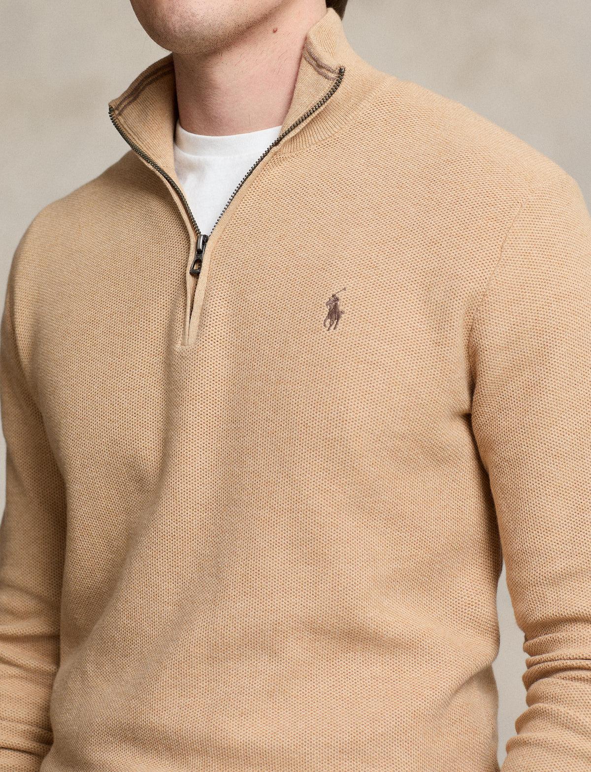 Polo Ralph Lauren - Mesh-Knit Cotton Quarter-Zip Sweater - Camel Melange