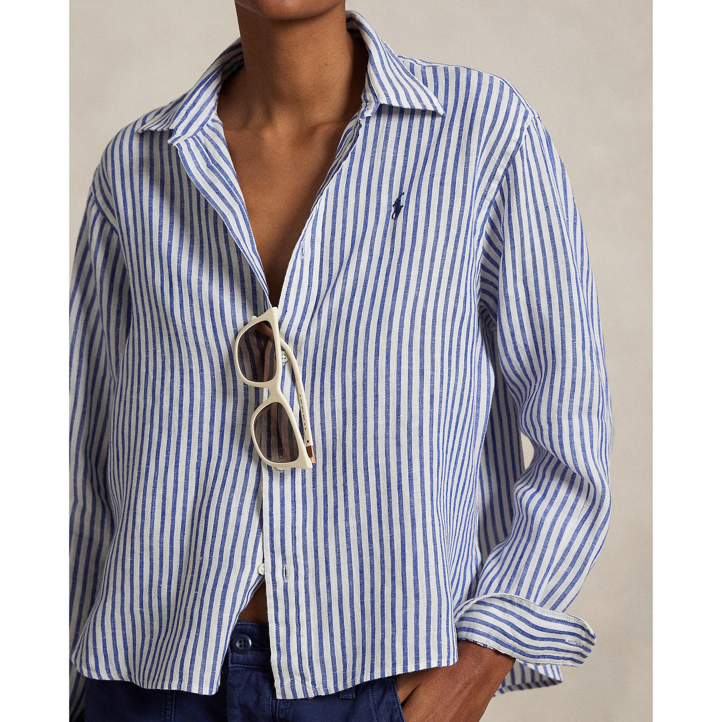 Polo Ralph Lauren - Wide Cropped Linen Shirt - Stripe - White & Blue