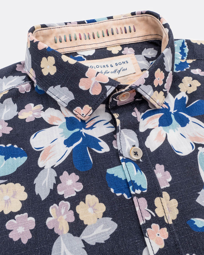 Colours & Sons - Multicolour Flowers - Cotton Shirt - Navy Blue