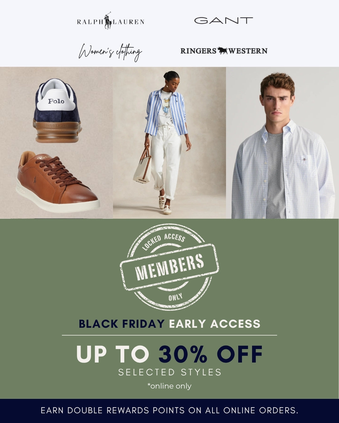 Black Friday Early Access banner showing selected men’s and women’s clothing with up to 30% off for members.