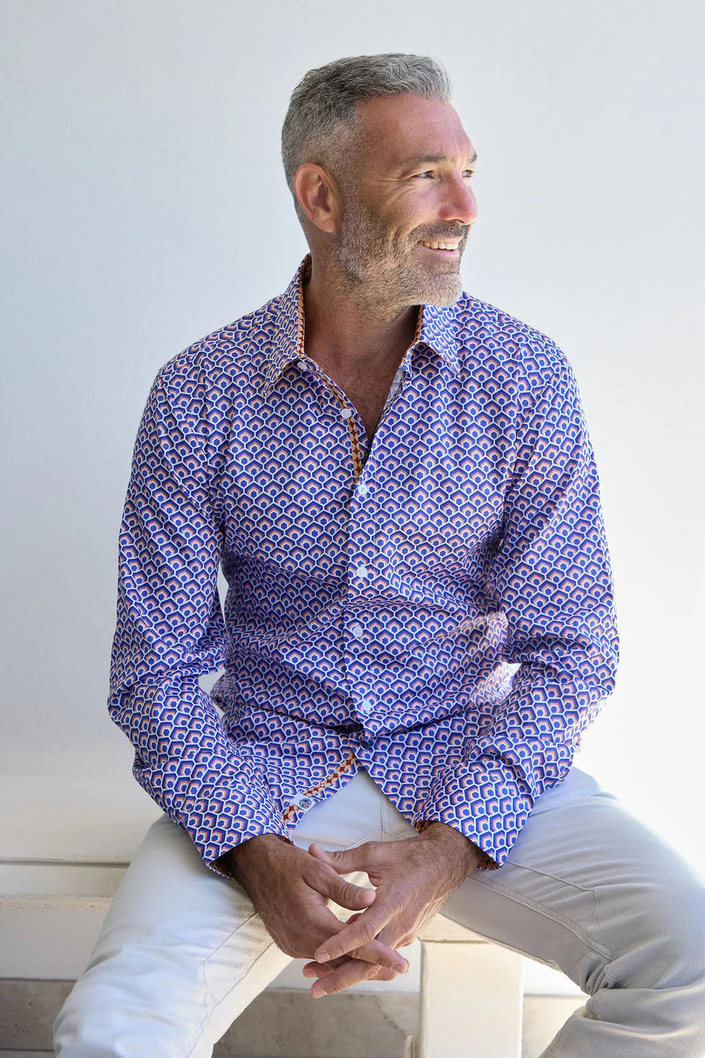 English Laundry - Leeds Geometric Cotton Shirt - Blue & Orange
