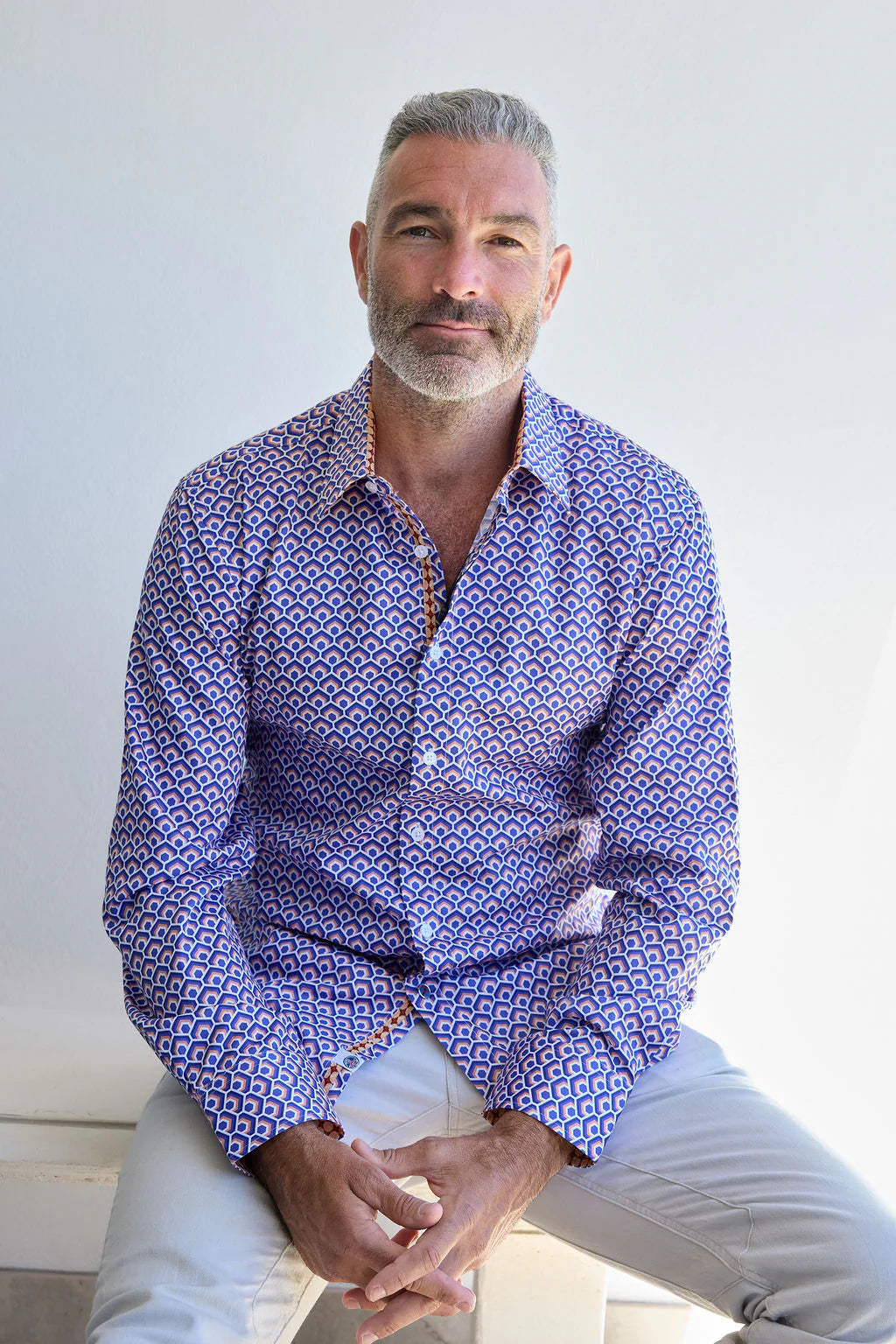 English Laundry - Leeds Geometric Cotton Shirt - Blue & Orange
