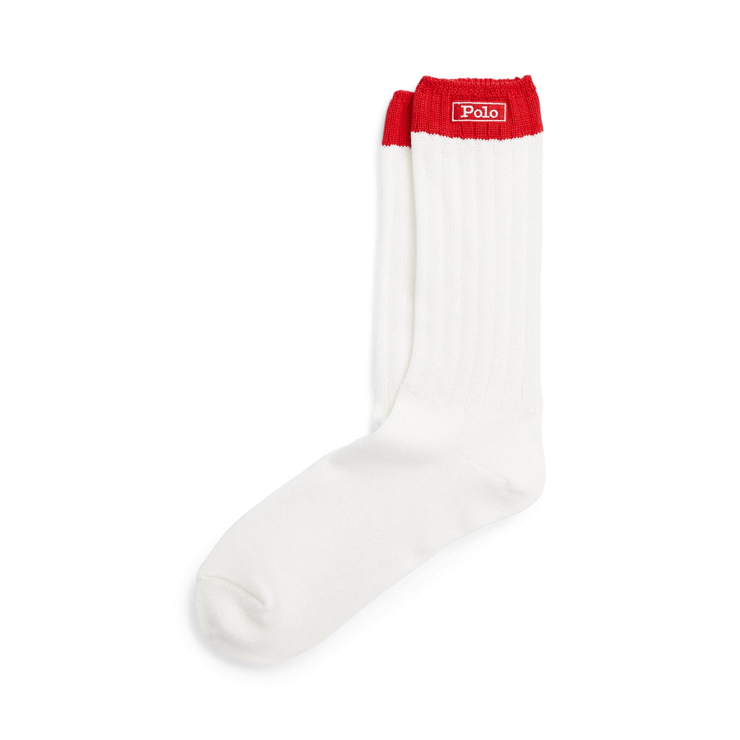 Polo Ralph Lauren white crew socks with red ribbed cuff and embroidered logo.