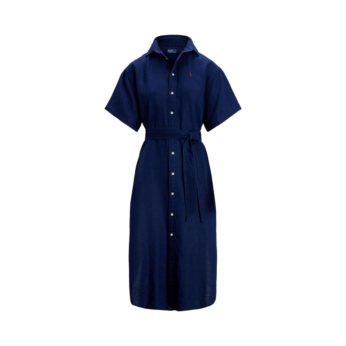 Woman wearing a blue Linen shirt dress, short sleeve, holding a straw bag - Polo Ralph Lauren - Belted Short-Sleeved Linen Shirt Dress - Newport Navy