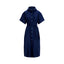 Woman wearing a blue Linen shirt dress, short sleeve, holding a straw bag - Polo Ralph Lauren - Belted Short-Sleeved Linen Shirt Dress - Newport Navy