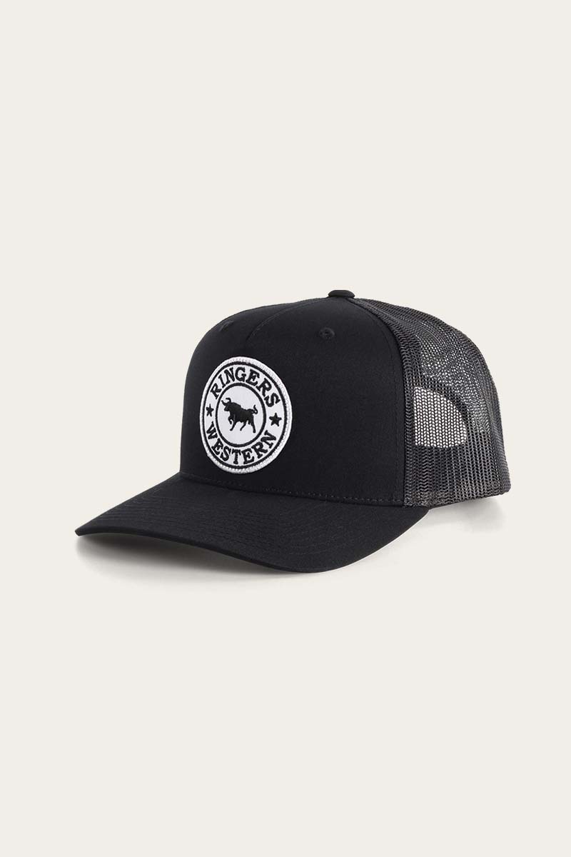 Ringers Western - Signature Bull Trucker Cap - Black & White featuring a mesh back and structured front panel.