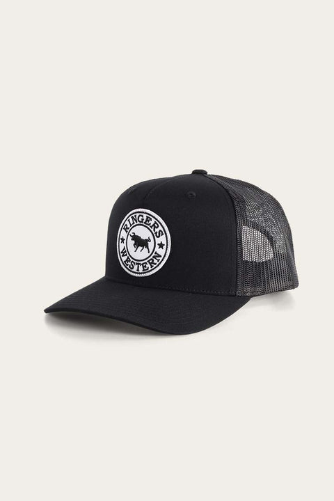 Ringers Western - Signature Bull Trucker Cap - Black & White featuring a mesh back and structured front panel.