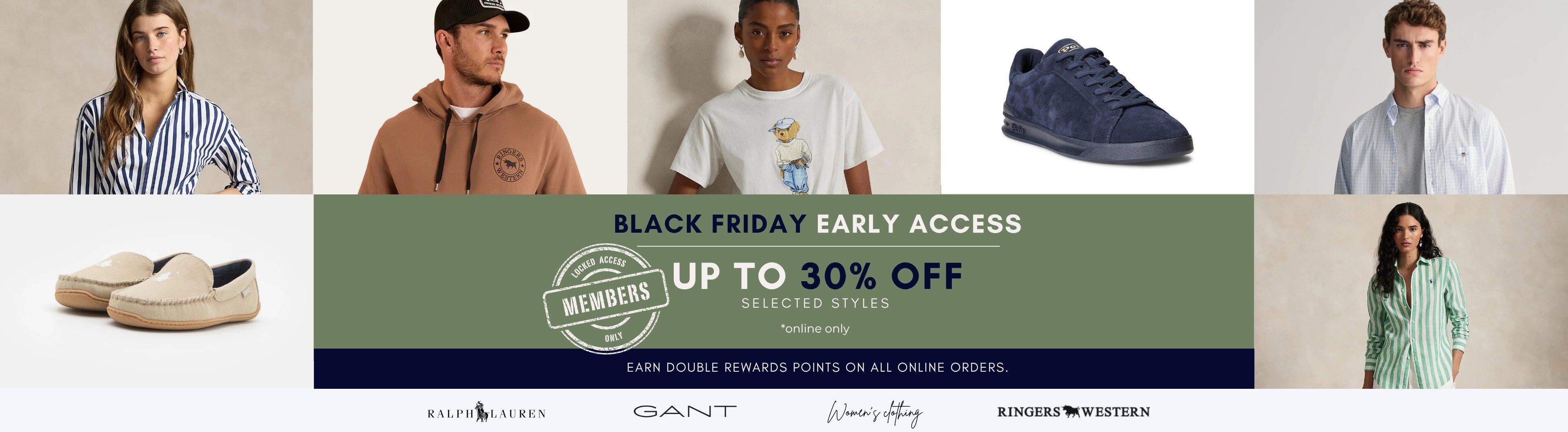 Black Friday Early Access banner showing selected men’s and women’s clothing with up to 30% off for members.