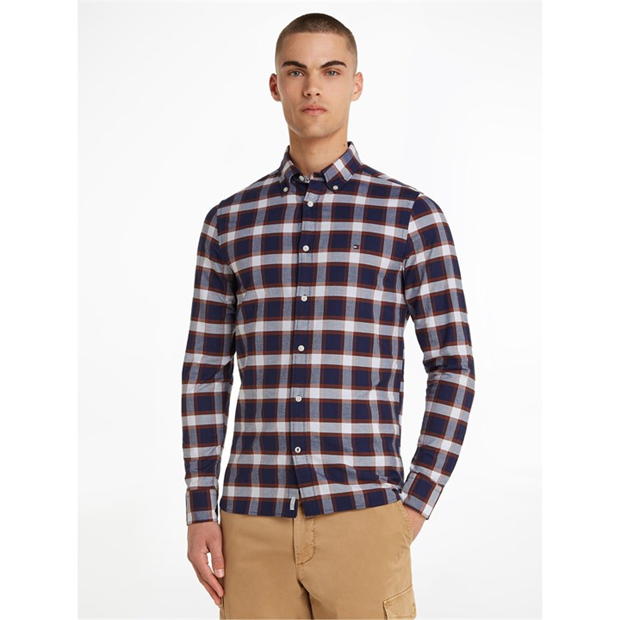 Soft Cotton Block Tartan Shirt - Yale Navy/Heritage Brown/White
