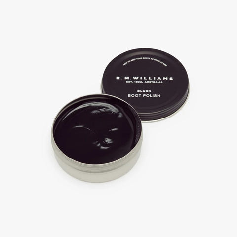 R.M.Williams Stockmans black boot polish in metal tin for conditioning and protecting leather boots.