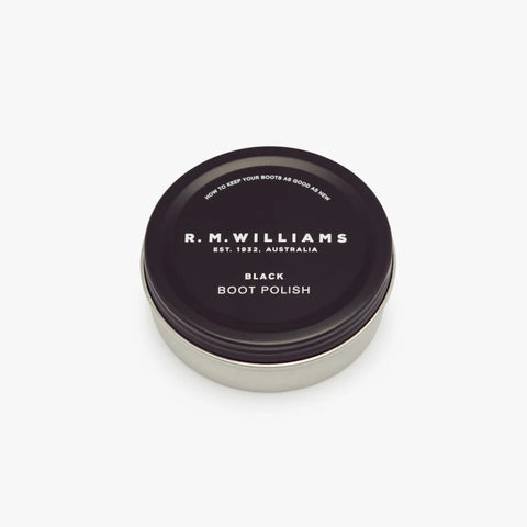 Lid of R.M.Williams Stockmans black boot polish tin.