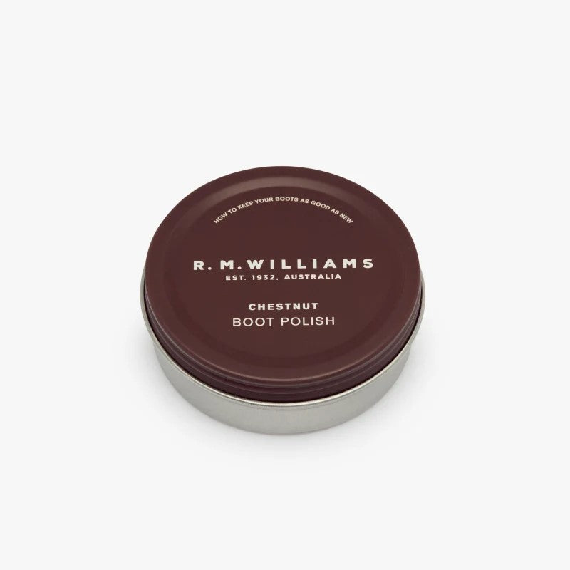 Lid of R.M.Williams Stockmans chestnut boot polish tin.