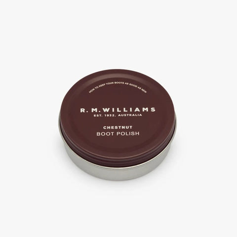 Lid of R.M.Williams Stockmans chestnut boot polish tin.