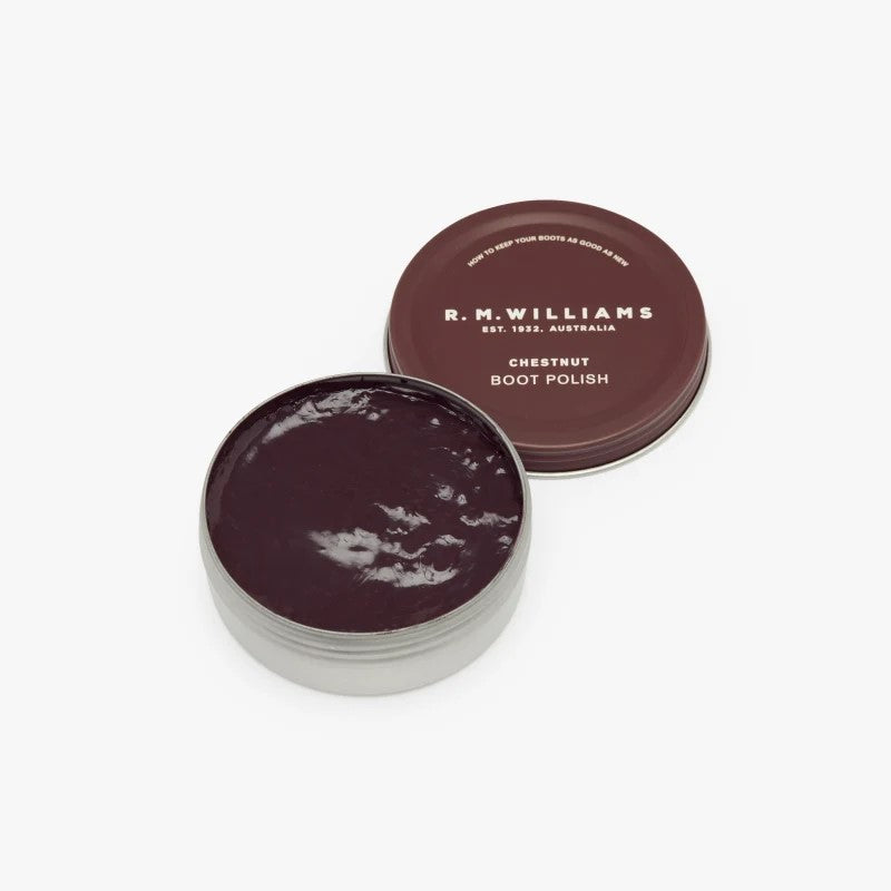 R.M.Williams Stockmans chestnut boot polish in metal tin for conditioning and protecting leather boots.