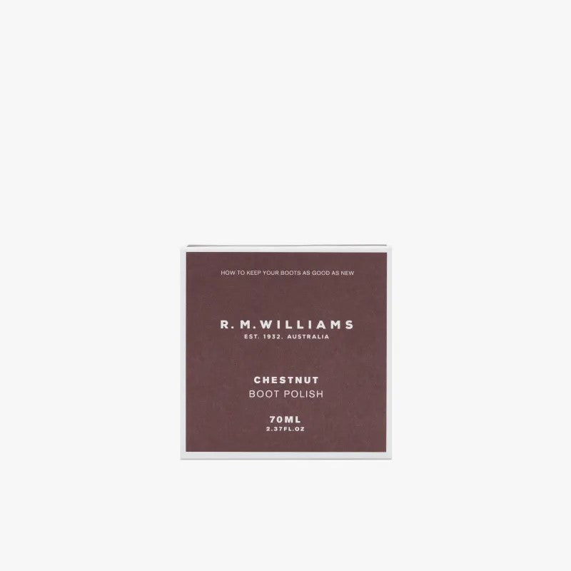R.M.Williams Stockmans chestnut boot polish packaging.