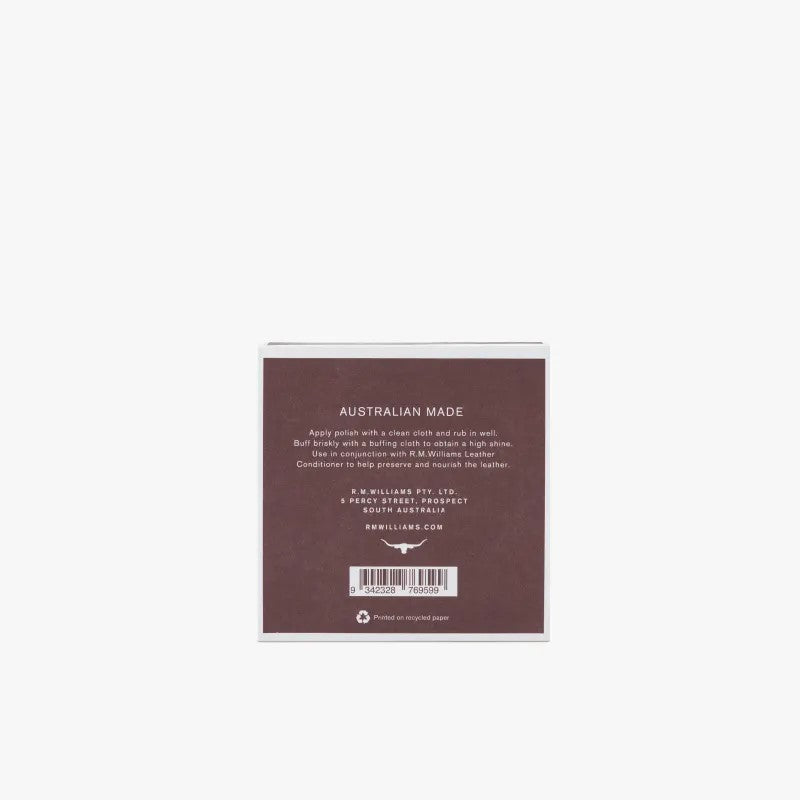 R.M.Williams Stockmans chestnut boot polish packaging.
