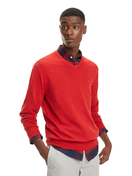 Cotton Silk V-Neck Sweater - Red
