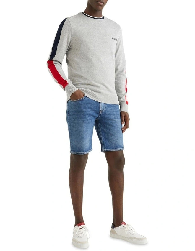 Crew Neck Colour-Blocked Sleeve Jumper - Light Grey Heather