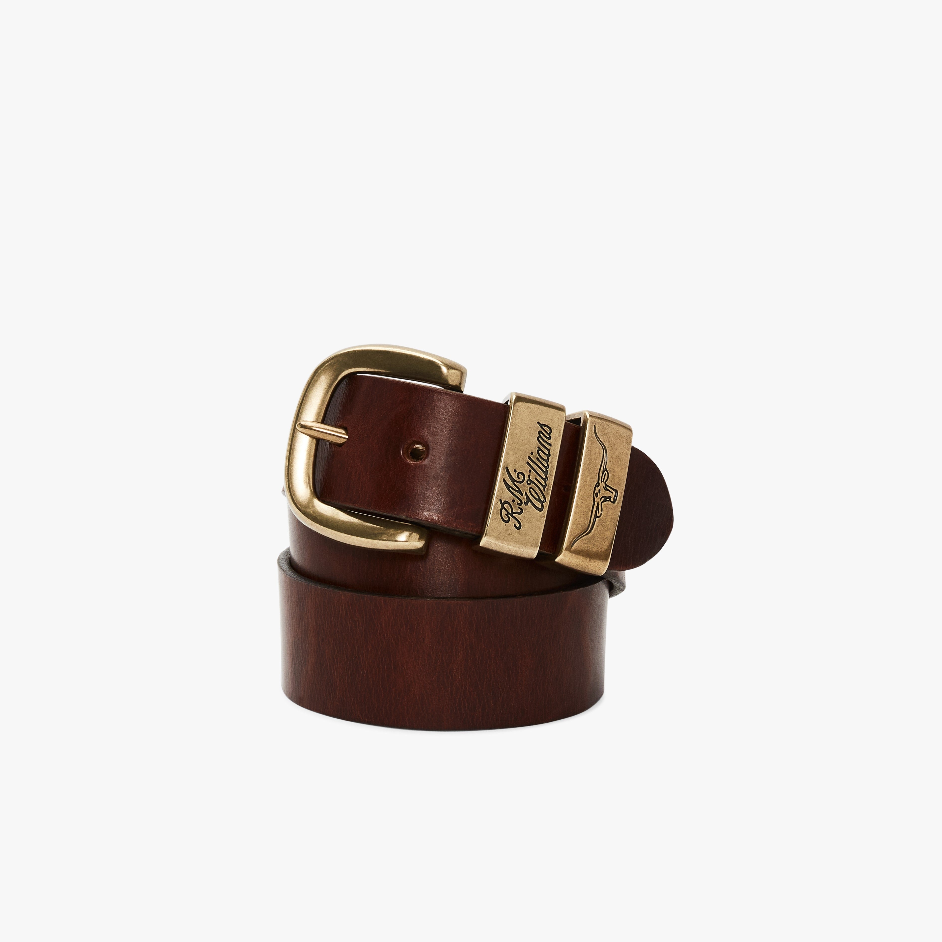 R.M.Williams Drover Belt, Antique Brass Hardware, Mid Brown