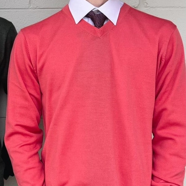 Ansett - Fine Weight Merino Wool V Neck Jumper - Raspberry Red Pink