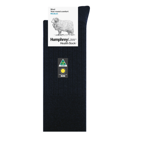 Humphrey Law men's navy 95% wool health socks with non-elastic comfort fit.