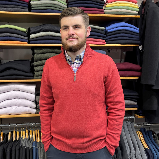 Ansett Gold - Half Zip 1/2 Zip Merino Wool Cashmere Pullover Jumper - Rhubarb red