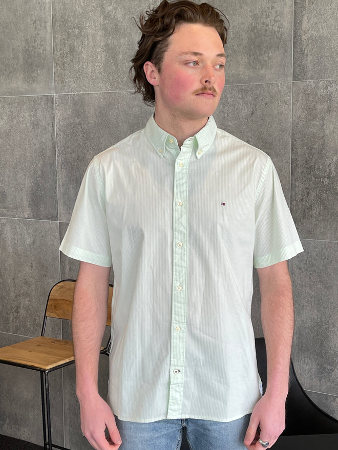 Flex Poplin Shirt -Stripe - Green Frost & White