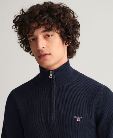 GANT - Rib Texture Half Zip Sweater - Evening Blue
