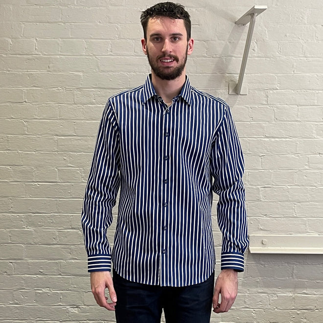 Abelard Long Sleeve Dress Shirt - Striped - Navy & White