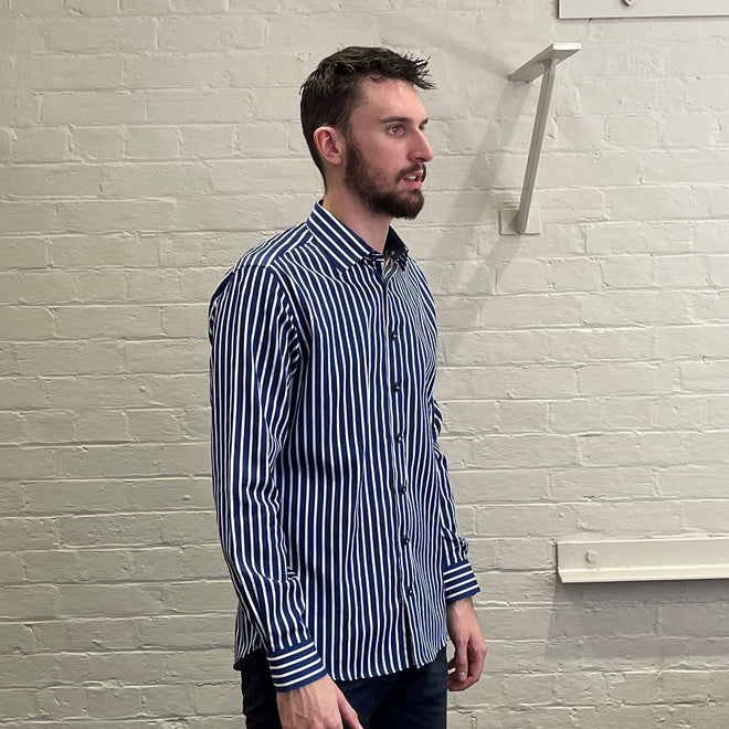 Long Sleeve Dress Shirt - Striped - Navy & White
