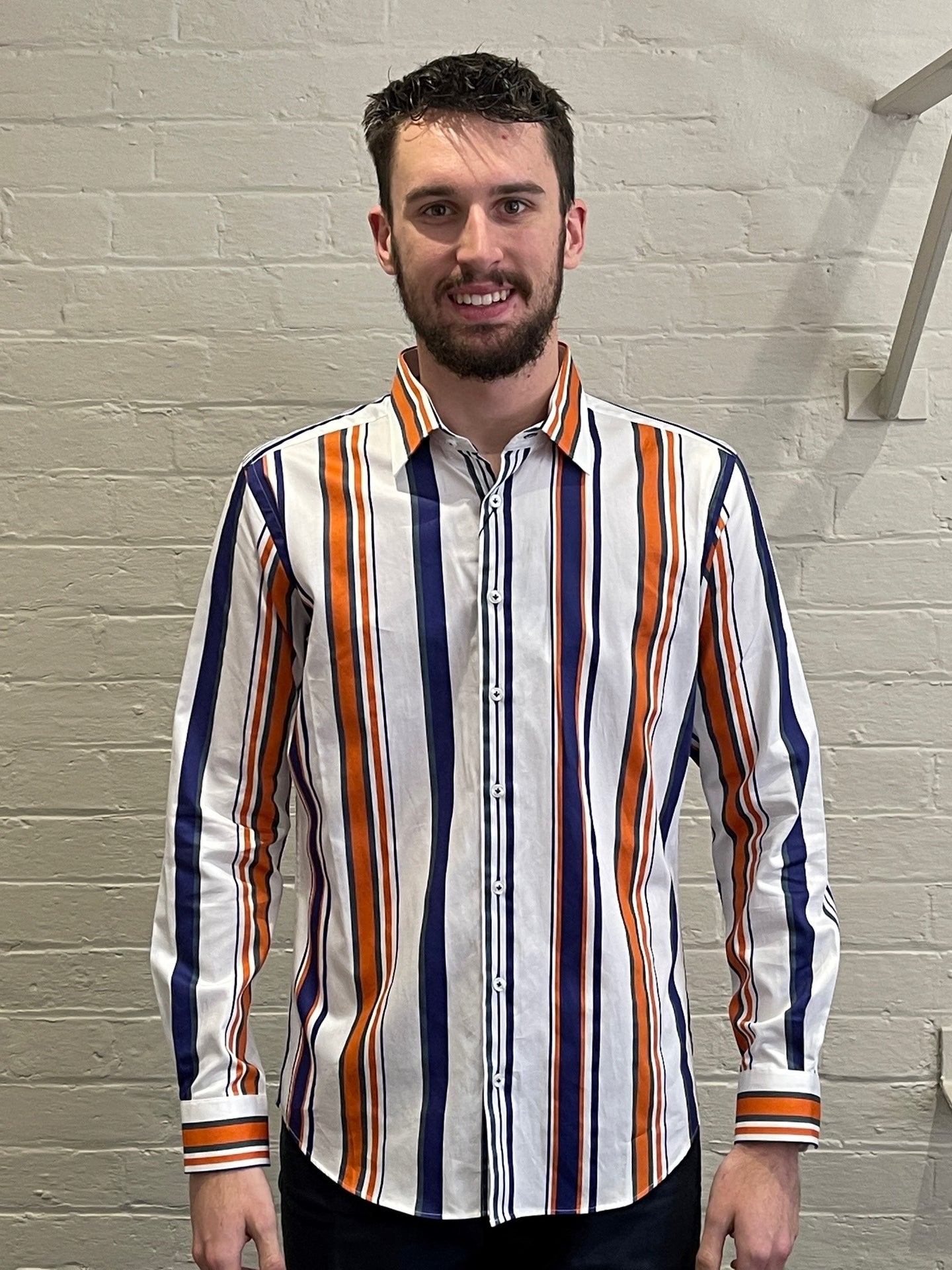 Abelard - Long Sleeve Business Shirt - Striped - White, Navy & Orang