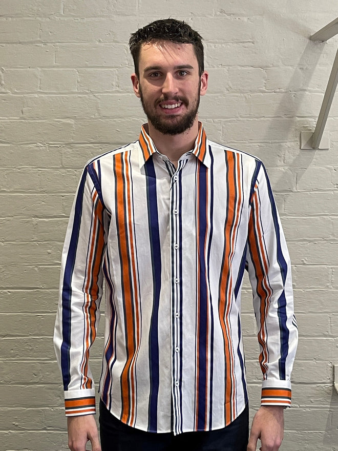Long Sleeve Dress Shirt - Striped - White, Navy & Orange